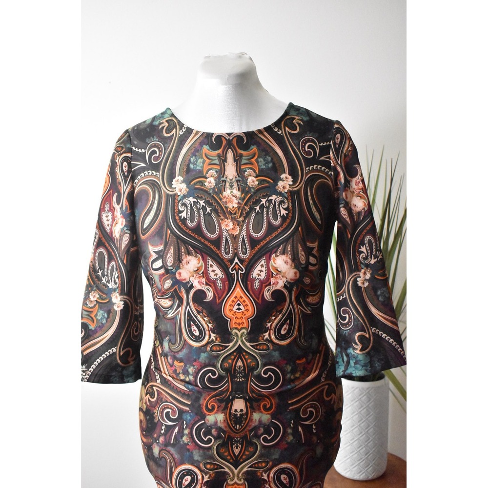 ECI New York Sheath Dress Womens 8 Black Paisley Floral 3/4 Sleeve Knee Length - Picture 2 of 10